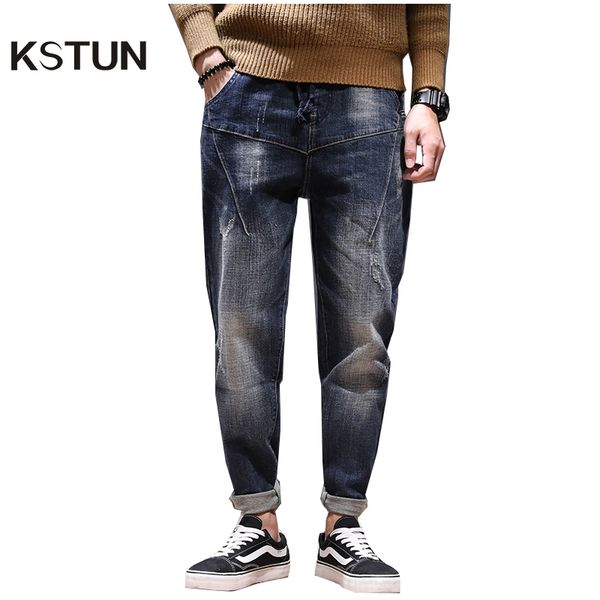 

japanese style denim stretch elastic waist jeans men blue cargo drawstring harem jeans homme plus size full length pants joggers