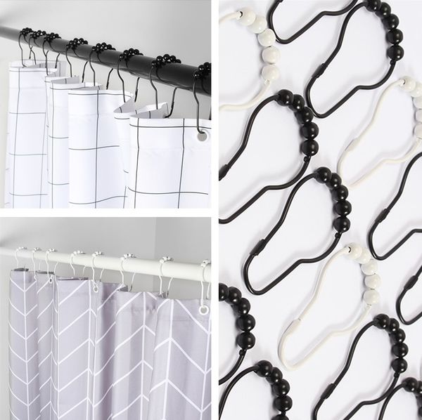 2019 Baking Varnish Black And White Stainless Steel Bathing Curtain Hooks Five Ball Ring Shower Rings Bathroom Clip I508 From