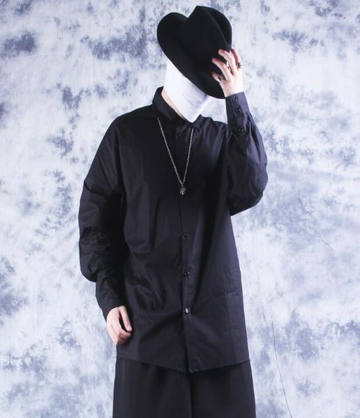 

2019 spring men's new dark wind personality black shirt men's long sleeves loose tide shirt, White;black