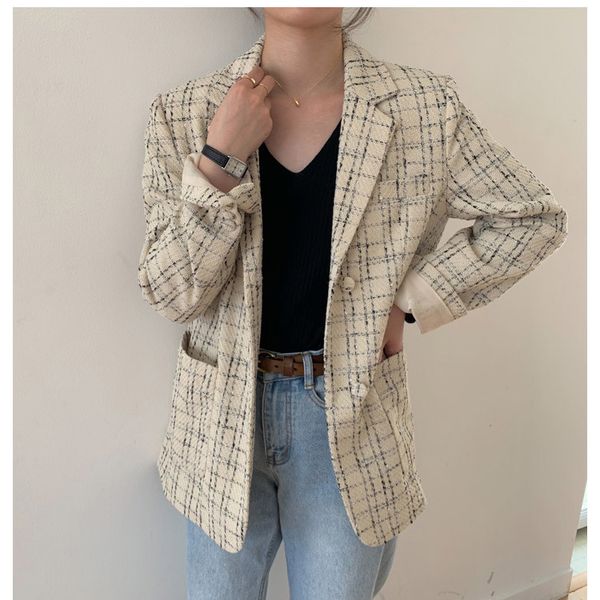

elegant korean style women's lapel plaid cotton blend casual loose coat blazers jackets, White;black