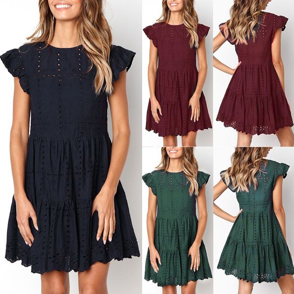 

youyedian fashion women casual ruffles sleeve ladies o-neck hollow out ruched a-line dress women off shoulder party vestidos#5, Black;gray