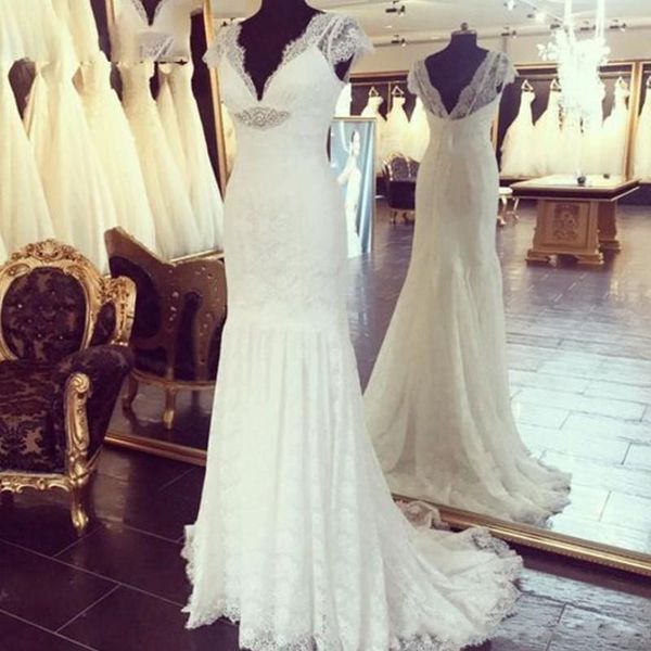 

White Lace V-Neck Mermaid Wedding Dresses 2019 Elegant Vintage Style Mermaid Bridal Gown Sexy Boho Vestido De Noiva Wedding Gowns