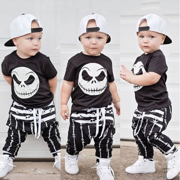 

new halloween skull clothes set baby boy cotton t-shirt harem pant black&white infant outfit children tracksuit set