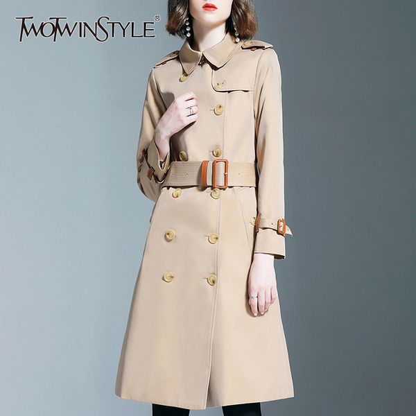 

twotwinstyle korean women's windbreaker lapel collar high waist with sashes slim coats female 2019 autumn large size fashion new, Tan;black