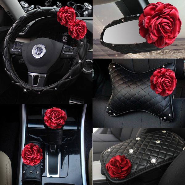 2019 Steering Wheel Covers With Red Rose Flower Crystal Rhinestone Seat Neck Pillow Belt Cover Car Interior Accessories From Niumou 25 28