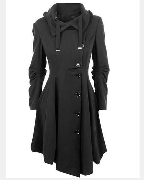 

2020 autumn and winter women's european and american-style fashion asymmetrical button design slim fit woolen coat jacket, Black