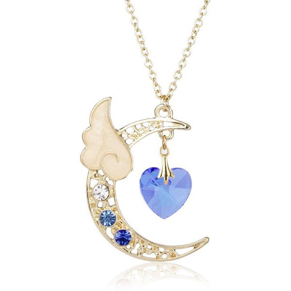 

dongsheng 5 colors women girls rhinestones necklace sailor moon cute moon star angel wing natural stone heart pendant necklace-3, Silver