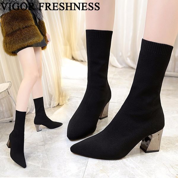

vigor freshness shoes woman sock boots ankle elastic shoes pointed toe boots slip on women autumn high heel wy88, Black