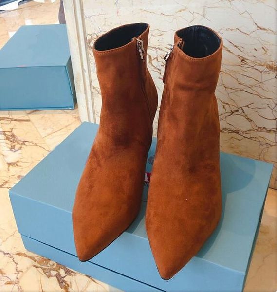 

6.5cm suede leather women high heel boots side zipper luxury designer lady ankle short boot chaussure brown 35-41, Black