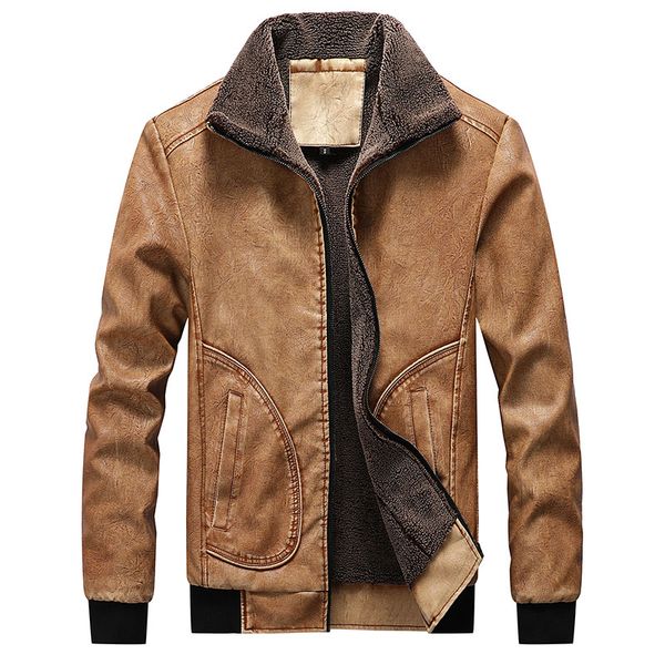 

leather jacket winter fleece thick men's jacket european size solid color casual warm pu leather, Black