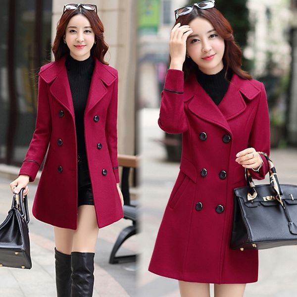 

wool blend coat women long sleeve turn-down collar outwear jacket casual autumn winter elegant overcoat trench plus size 3xl, Black