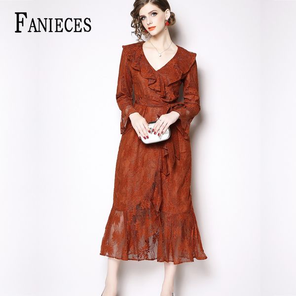 

casual dresses dress women long sleeve ruffles bandage lace mesh perspective party office ladies patchwork midi bodycon vestidos, Black;gray