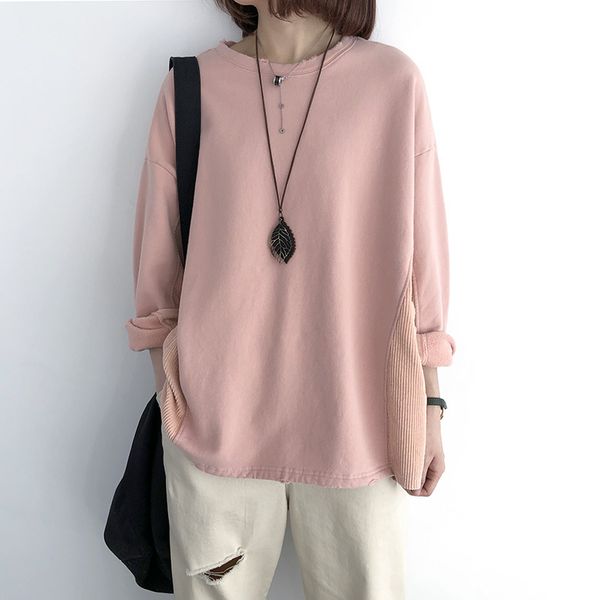 

women casual long sleeve sweatshirt corduroy splice jumper woman pullover thicken autumn winter loose round collar femme, Black