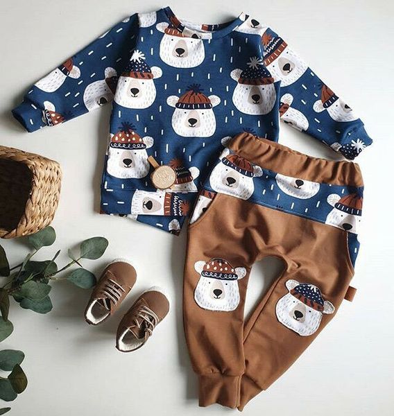 

toddler baby boy clothes bear prints long sleeve t-shirt pants winter outfit, White
