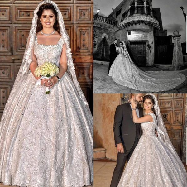 

elegan кружева бальное платье свадебные платья площади шеи свадебные платья кристалл собор поезд саудовской аравии арабский роскошные свадеб, White