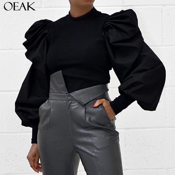

2020 women long puff sleeve patchwork new autumn winter women fashion party elegant streetwear t-shirts, White