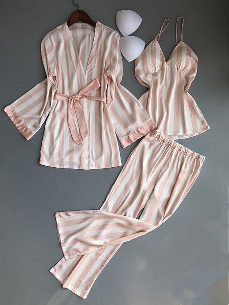 

striped women pajamas nightgown+robe+pant female 3 pcs pajama set, Black;red
