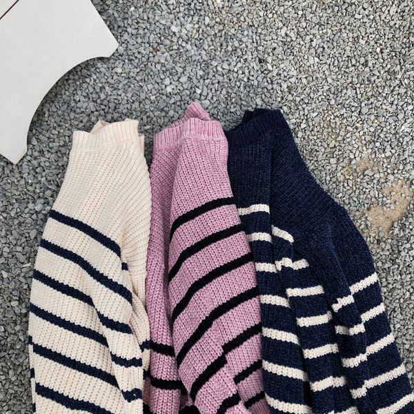 

solid fashion striped long sleeve loose autumn winter pullover sweater women long sleeve knitted jumper pull korean clothing 90s, White;black