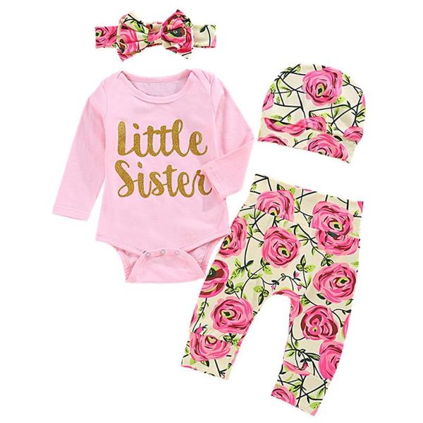 

4pcs/set long sleeve rompers t-shirts kids girls pants suit round collar spring autumn rose flower print headband hat, White