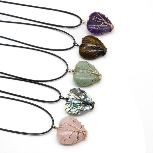 

natural crystal love heart-shaped winding tree of life pendant necklace glamour ladies' jewellery affordable leather rope chain, Silver