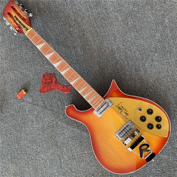 

are ric 660 6 strings red sunburst electric guitar neck thru body, gloss varnish red fingerboard, checkerboard binding, gold