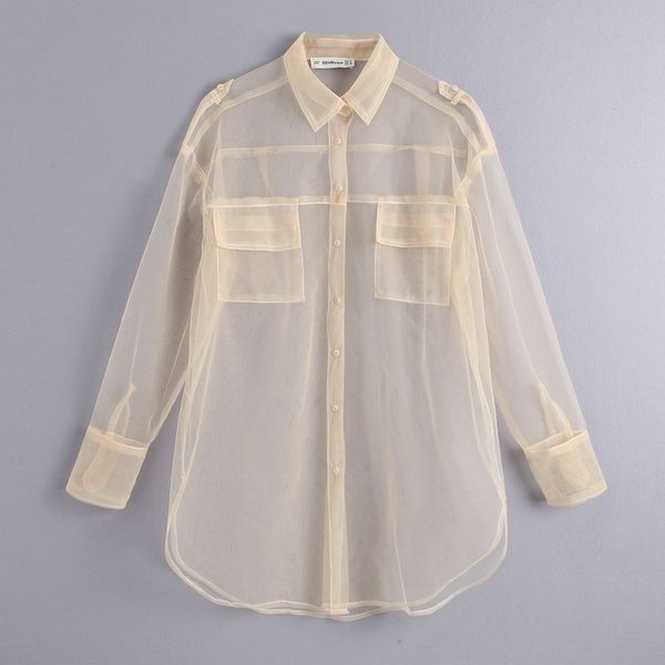 

air-condition shirt blouse summer 2019 new fashion transparent mesh see through blusa modern lady sunscreen long shirts, White
