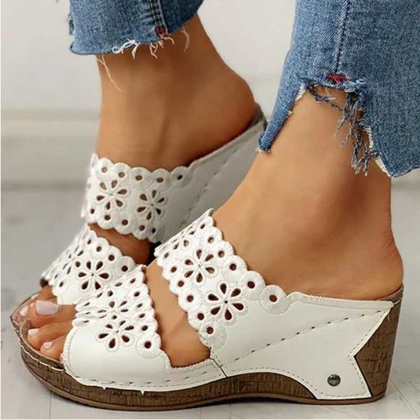 

slippers women's super light thick bottom wedge embroidered hollow roman shoes sandals women slides plus size 36-43, Black