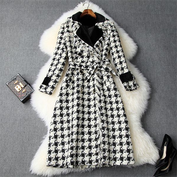 

runway fashion fall winter plaid tweed woolen jackets and coats female long sleeve turn down wool blend coat outerwear overcoat, Black
