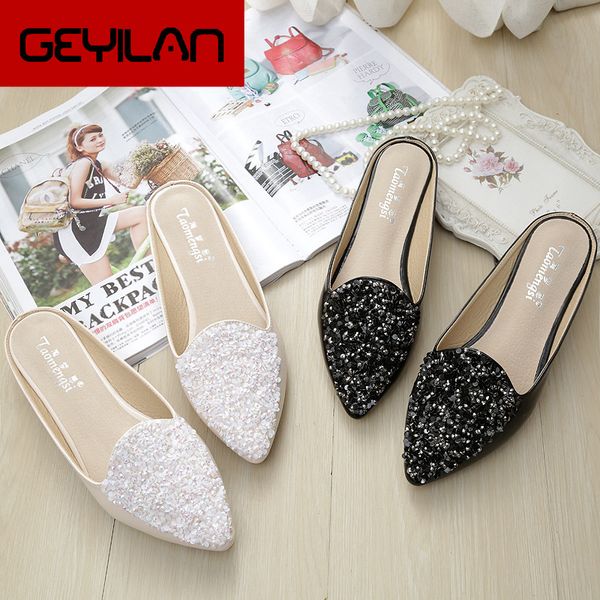 

2019 baotou sequined fashion sandals pu leather rhinestone sweet flat sandals-style soft soles peas slippers, Black
