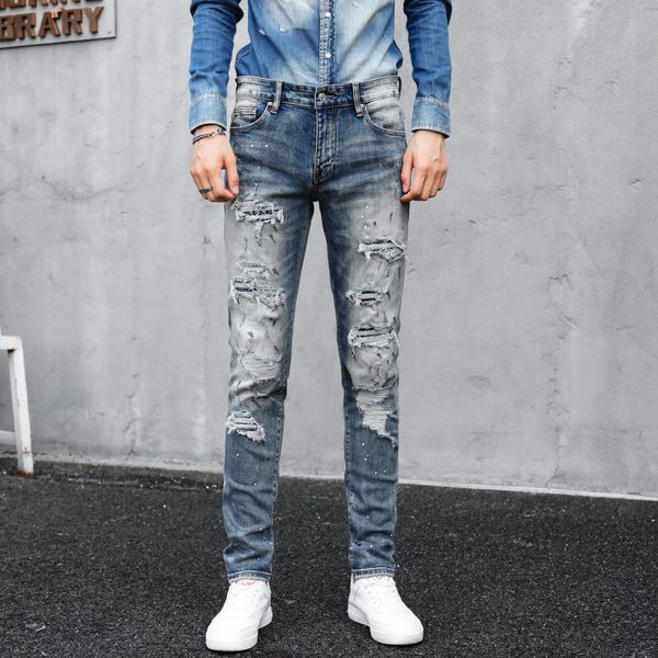 

2020 autumn and winter new men's ripped jeans fashion men's jeans slim-fit skinny straight pants trend hip-hop men's designer, Blue