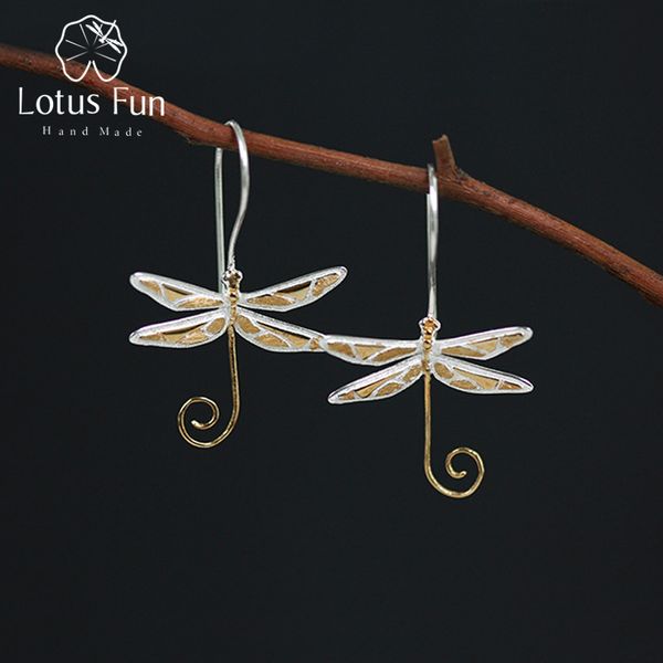 

lotus fun real 925 sterling silver natural style handmade fine jewelry 18k gold cute dragonfly drop earrings for women brincos cx200628, Golden