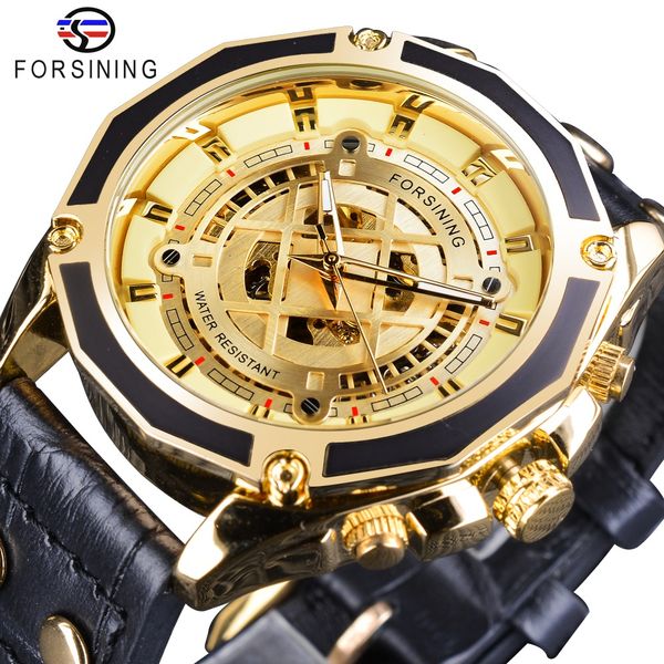 

forsining half skeleton golden 2019 new design unique dial black military genuine leather mens automatic watch brand luxury, Slivery;brown