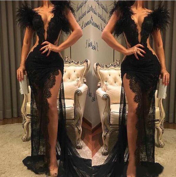 

black lace prom dress split formal party pageant wear sheath feather evening dresses v neck see through, Black;red