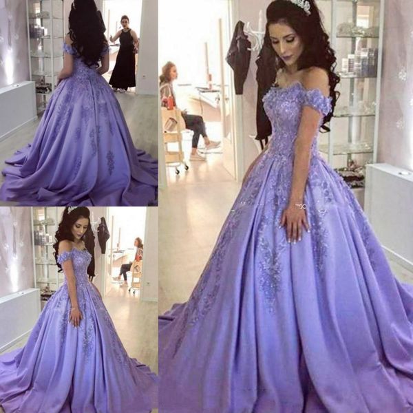 

dark lavender prom dresses lace appliques off she shoulder satin evening gowns zipper back sweep train women formal wear vestidos, Black