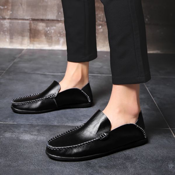 

men leather loafers shoes male breathable outdoor comfortable casual shoes soft genuine leather slip on boat zapatos moccasins, Black