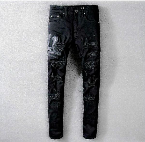 

мужские рваный snake вышивка тощего денима джинсы модельер проблемной slim fit мотоцикл велосипедист джинсы нищий hip лучшего качество, Blue
