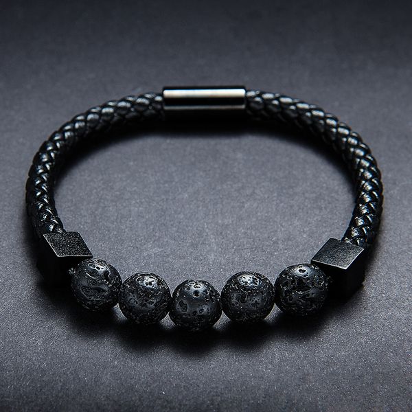 

hmsfely black volcanic stone beaded men genuine leather bracelet braided rope stainless steel magnetic bracelets bangles for men