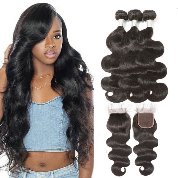 

rxy affordable body wave human hair bundles with closure brazilian hair weave bundles with closure brazilian body wave bundles with closure, Black;brown