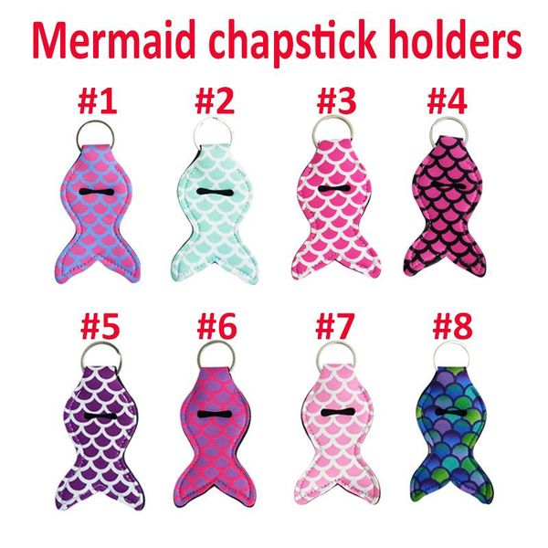 Mermaid cauda neoprene chaveiro batom titular chaveiro chaveiro suporte labelo bálsamo vibrante imprime moda keyring anel titular saco encantos