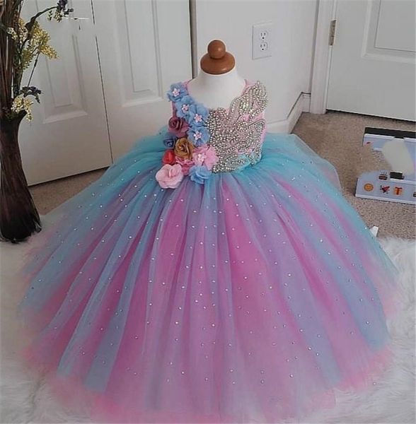 Rosa Rosso Blu Fiori 3D Ragazze Abiti da spettacolo Cristalli lussuosi Top Abito da ballo in tulle Gonna Abito da festa Spettacolo Mini Abito Quinceanera Bambini