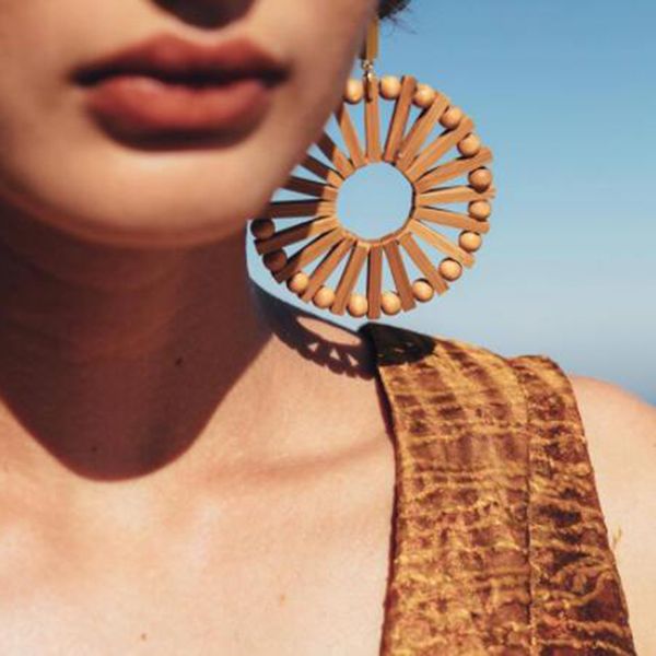 

new european and american new ethnic-style cut-out round personality earrings retro wooden long earrings, Golden