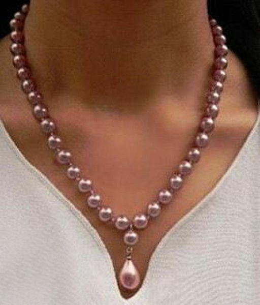 

natural 8mm round south sea shell pearl & 12x16mm drop pendant necklace 18'', Silver