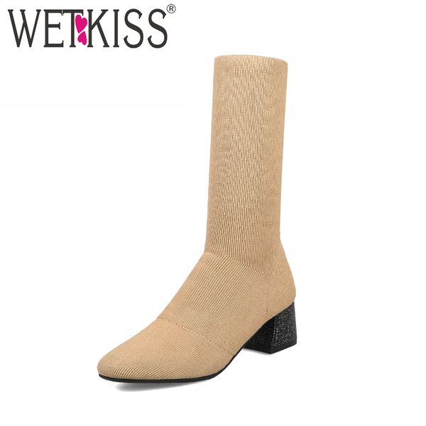 

wetkiss big size 32-44 high heels ankle stretch women boots autumn knitting square toe sock boot female shoes 2018 new footwear, Black