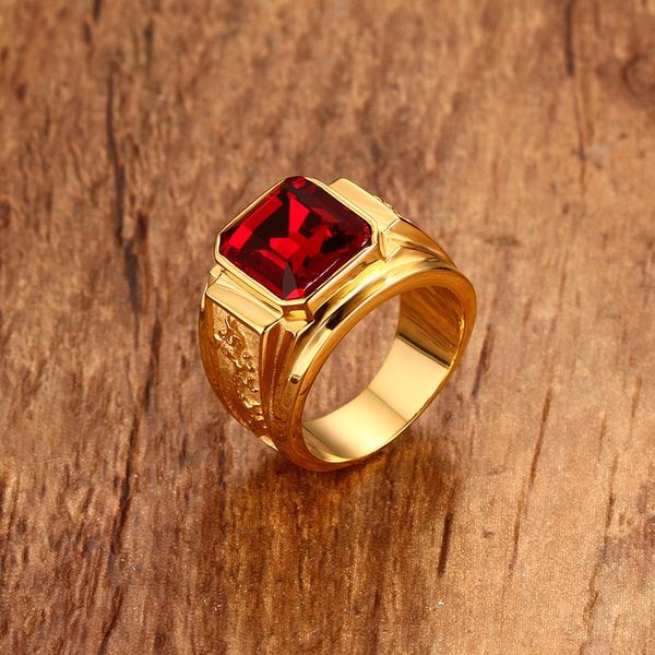 

square red stone hip-hop men ring in golden stainless steel engrave dragon rings mens jewelry, Silver