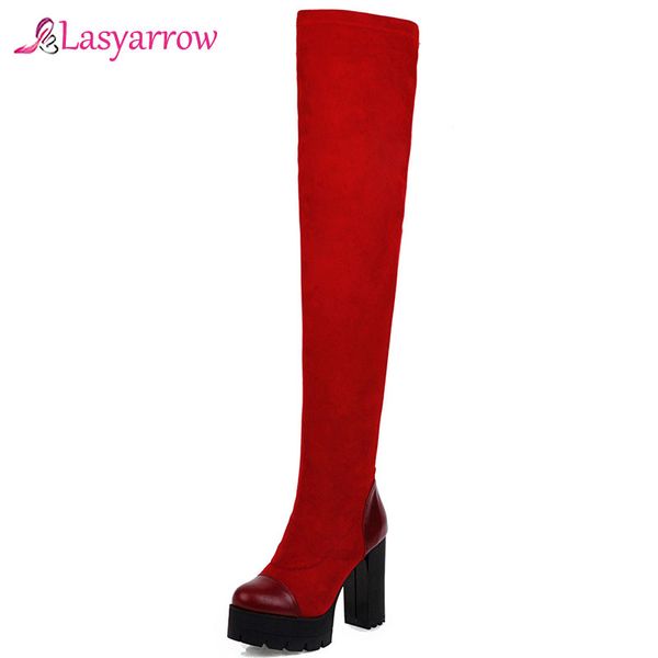 

lasyarrow women over the knee boots trend fashion shoes women casual slip on square high heel platform footwear size 33-48 j1080, Black