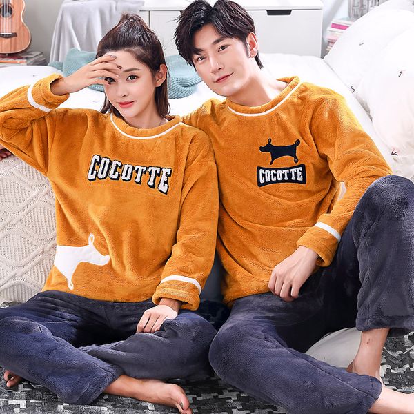 

men's sleepwear autumn/winter flannel couples thicken pyjamas, long-sleeved korean men and women coral wool can be worn outside the hom, Black;brown