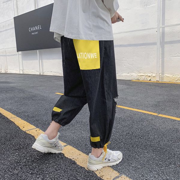 

2019 autumn new japanese casual color printing campus wind couple trend street nine-point wide leg pants, Blue