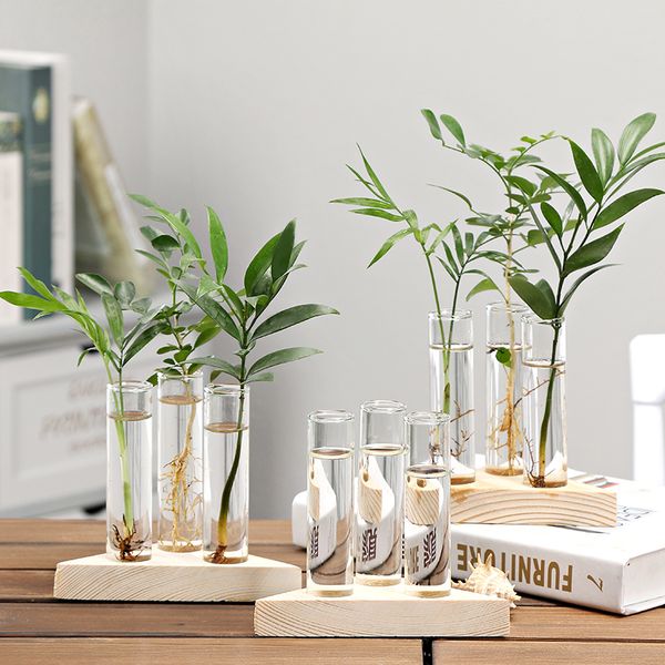 

nordic style tube glass vase with wood base hydroponic vase elegant tablefor water planting flower terrarium container