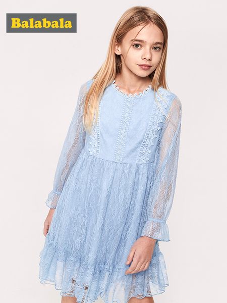 

balabala girls soft lace dress flare sleeve knee-length dresses children teenager girls wedding dresses spring autumn dresses, Red;yellow