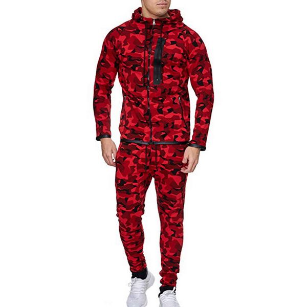 

new 2 pieces sport tracksuit men camouflage print ropa hombre set zipper pocket hoodies jackets+pencil jogging homme casual sets, Gray
